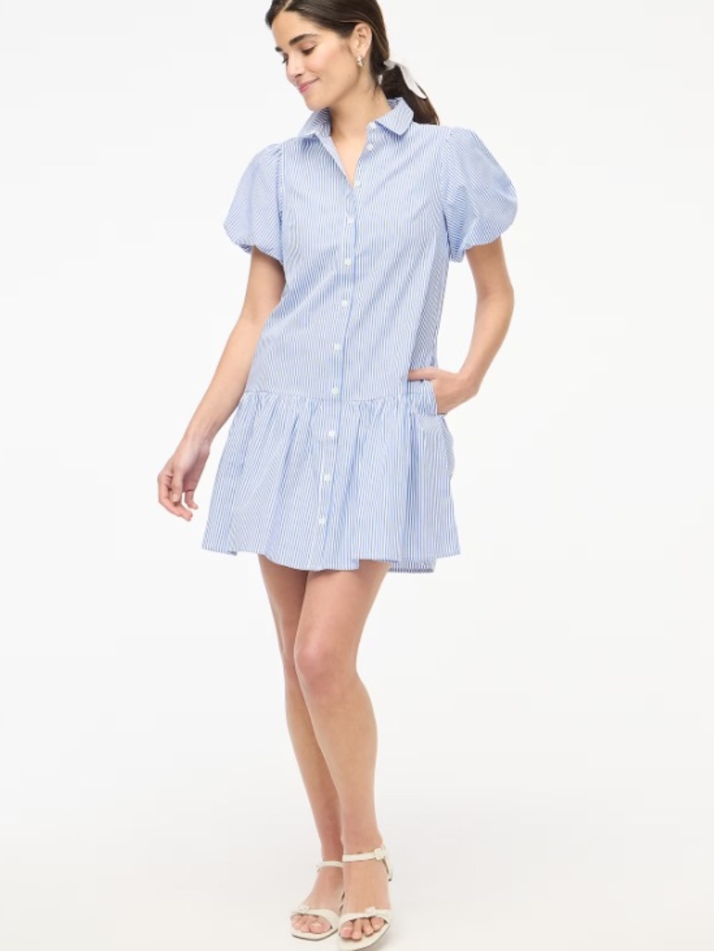 J. Crew Striped bubble-sleeve shirt-dress with pockets size 8 in banker blue